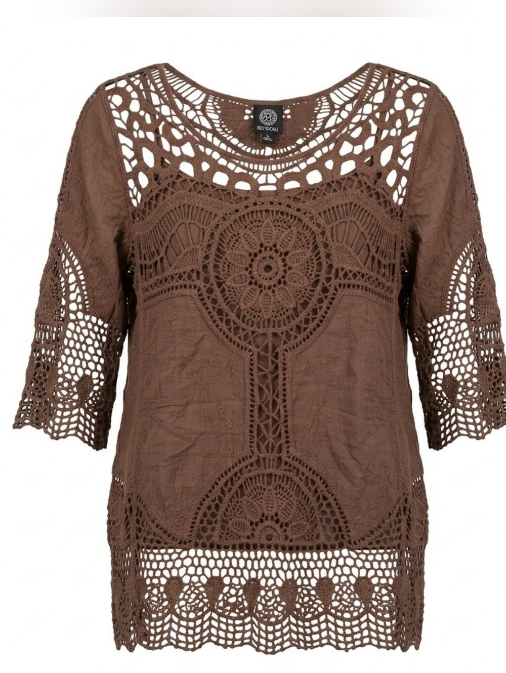 Bobeau Crochet Lace Blouse Large Brown Boho Bell Sleeve Cottagecore Top